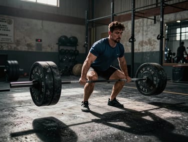 A male strongman competitor mid-deadlift with a massive axle bar, harsh directional shadows, gritty training facility.