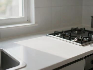 Wide shot of a spotless empty kitchen after deep end-of-tenancy clean — white worktops gleaming, hob polished, no items left behind, even natural light from a window, no people present