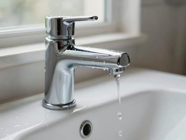 Close-up of a newly installed chrome bathroom tap and clean white basin, water droplets still visible on polished fixture, soft natural daylight from a nearby window, tight framing showing crisp finish detail