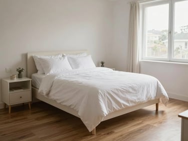 Wide shot of a pristine Airbnb-ready bedroom — tightly made bed with fresh white linen, clean nightstand, polished floor, soft north-facing natural light, empty and inviting, no people present