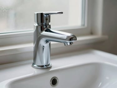 Close-up of a newly installed bathroom basin tap and polished chrome pipework under a white ceramic sink, soft diffused daylight from a frosted window, tight framing showing clean sealant lines and spotless fixture finish