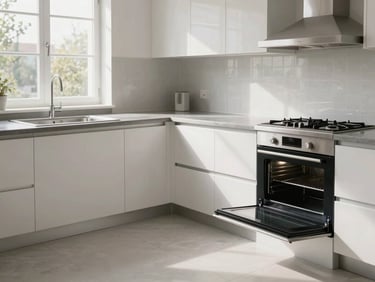 Wide shot of a spotlessly clean empty kitchen ready for handover — gleaming hob, clear worktops, clean sink, oven door open showing scrubbed interior, soft natural daylight through a window, no items on surfaces