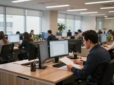 Wide environmental shot of a modern Brazilian law firm's open-plan workspace, warm ambient light from large windows, lawyers at desks reviewing documents on screens, editorial depth of field with the foreground desk sharp and background softly blurred, no people facing camera