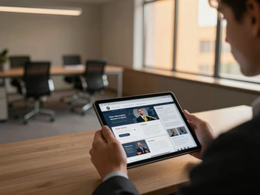 Over-the-shoulder wide shot of a lawyer's hands scrolling through a tablet displaying branded social media graphics and legal content templates, warm amber window light from the right, modern open-plan office background softly out of focus, documentary framing with generous negative space on the left