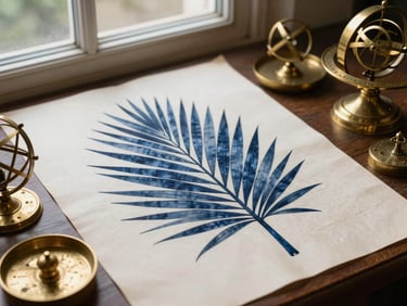 Overhead flat-lay of ancient palm-leaf manuscripts and brass astronomical instruments on heavy paper, soft library window light, scholarly editorial style