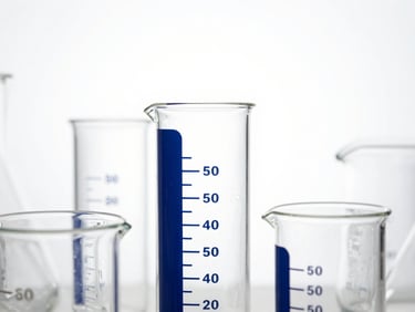 Clean laboratory glassware with precise liquid measurements, deep navy blue accents, high-key studio lighting, sharp focus.