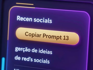 Close-up de interface de IA com um prompt de geração de ideias de redes sociais, com um botão 'Copiar Prompt' dourado em destaque, brilho neon azul e roxo, focando no botão e no texto do prompt.