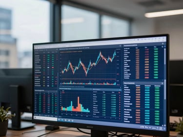 Crisp editorial photo of a modern office interior in London, focusing on a screen displaying complex financial data visualizations, cool daylight, subtle screen glow.