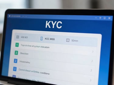 Close-up of a digital dashboard displaying KYC verification results, crisp office daylight, blue screen glow, deep blues, sharp focus, 50mm