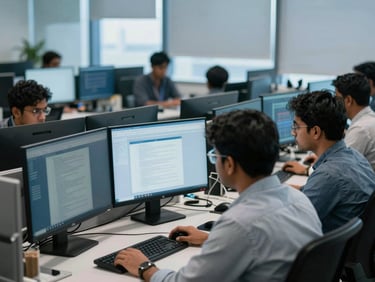 Medium environmental shot of a modern, high-tech office space in Bangalore, analysts collaborating on dual monitors, cool daylight, subtle screen glow.