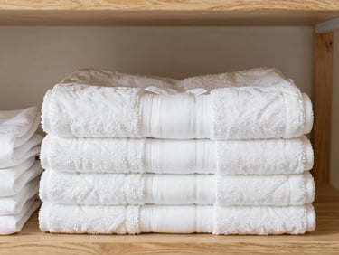 Crisp straight-on medium shot of neatly folded white bath towels and linens stacked on a clean wooden shelf, bright even neutral daylight, sharp focus, 35mm