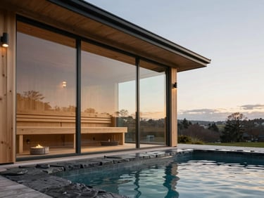 Close-up of a modern outdoor cedar sauna with a glass wall, adjacent to a dark slate cold plunge pool, soft overcast daylight