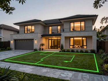 High-end architectural draft overlaying a real photograph of a modern home, showing green lines mapping the spatial flow from front to back yard, twilight lighting.