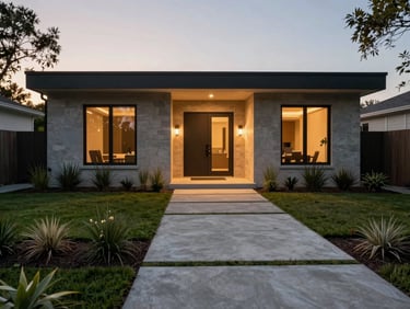 Wide-angle twilight shot of a modern front yard entry, architectural concrete pavers, minimalist native plantings, 35mm