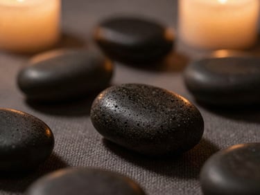 Macro shot of smooth dark basalt stones resting on textured linen, soft warm candle glow, deep shadows, moody editorial photography, 35mm