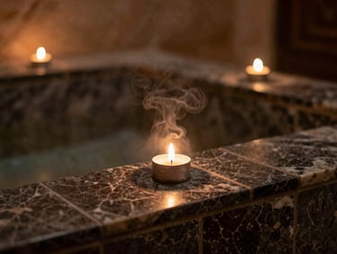 Close-up of steam rising over dark marble tiles in a candlelit Moroccan bath, warm bronze tones, shallow depth of field, moody editorial photography, 35mm