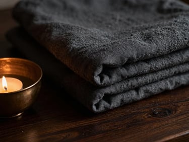 Close-up of folded plush charcoal linen beside a small bronze bowl on a dark wooden surface, warm low-key lighting, moody editorial photography, 35mm