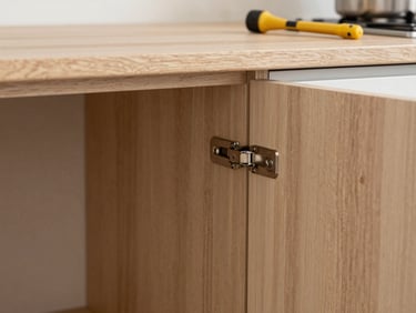 Close-up detail of a modular kitchen cabinet installation in progress, showing precision-fitted HDHMR carcass with hardware hinges being mounted, studio lighting on the wood grain surface, no people, tools resting on the counter edge