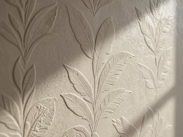 Close-up of a luxury wallpaper surface, embossed botanical pattern under diffused north-facing daylight showing texture depth and print registration, warm neutral tone