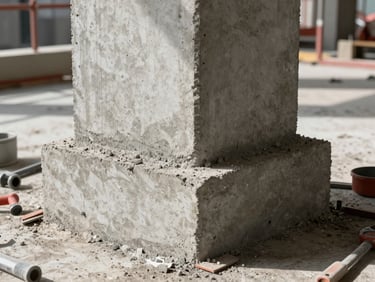 Close-up architectural framing of a partially completed concrete column base with formwork being stripped away, raw structural concrete texture under north-facing daylight, construction tools at the edge of frame, no people