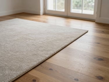 Floor-level wide shot of a transition between PVC flooring carpet and wooden flooring planks in an empty residential room, north-facing window light showing material colour accuracy and joint detail