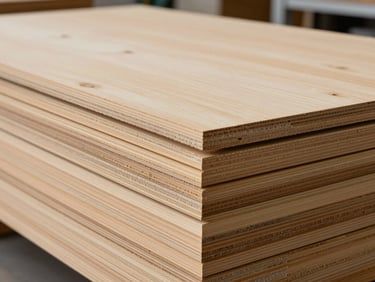 Stack of premium HDHMR and high-grade plywood sheets in a showroom, cross-section edge visible showing core density, clean studio lighting on the cut face