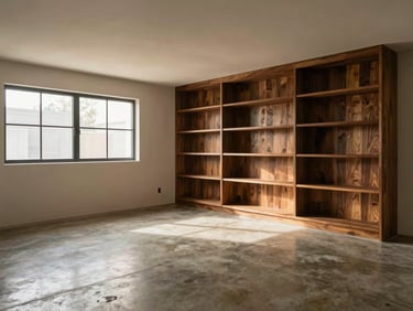 Finished basement living area, warm natural light from egress windows illuminating polished concrete floor and built-in dark oak shelving, no people