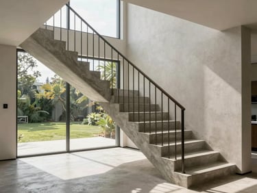 Wide environmental shot of a newly built luxury home interior staircase, natural daylight through full-height glazing casting soft shadows on poured concrete treads and a steel handrail, no people