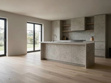 Renovated open-plan home interior, cool north-facing daylight across wide-plank white oak flooring and a flush-panel kitchen in matte stone, no people