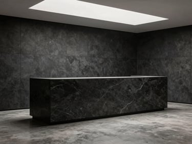 Finished commercial interior fit-out, cool overhead natural light across a reception desk in honed dark stone, polished concrete floor, and flush joinery wall panels in deep charcoal, no people