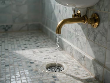 Close-up of a renovated washroom, cool daylight catching polished marble mosaic floor tiles and a wall-mounted brushed brass faucet, no people