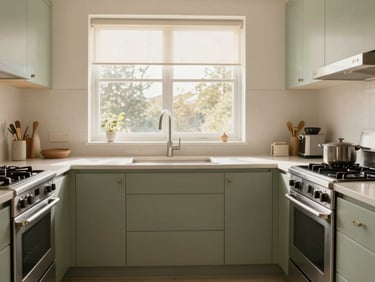 Sunlit modern kitchen with stainless steel appliances, clean and tidy, warm editorial photography, cream and sage green tones, natural window daylight.
