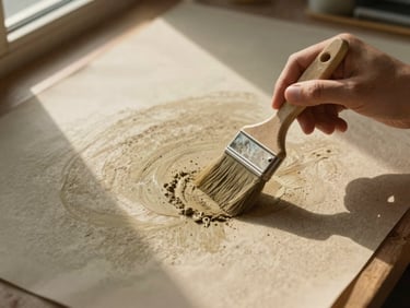 Overhead process shot of hands applying natural earth pigment to textured paper with a wide brush, pigment dust visible in the air, warm golden light from a low side window, no face, muted sage and ochre palette, archival texture