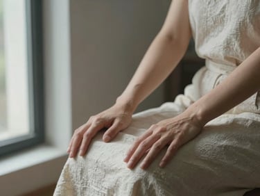 Close-up of a woman's hands resting open on her knees in a seated somatic posture, soft natural light from a tall window to the left, linen fabric visible, no face, contemplative stillness, muted cream and charcoal tones
