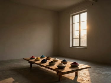 Wide environmental shot of a sparse, high-ceilinged room at dusk — a single low wooden table at center, natural pigment powders in small stone bowls arranged in a loose line, warm golden-hour light entering from a tall window to the right, deep shadows on the left wall, no people, no devices, archival stillness