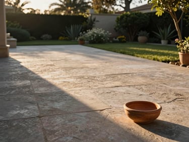 Wide environmental shot of a private garden domain at golden hour, stone terrace in the left two-thirds completely empty, a single clay bowl resting on the ground in the right foreground, long shadows stretching across the frame