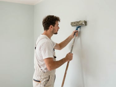 Albañil aplicando mortero con llana limpia, pared recién terminada, luz diurna.