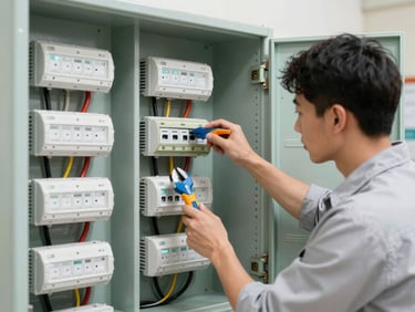 Electricista revisando un panel eléctrico con herramientas limpias, iluminación brillante.