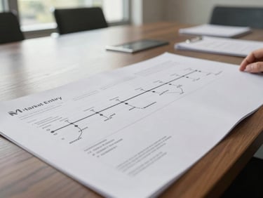 Close detail of a planning document spread across a wide conference table, printed market-entry timeline with annotated milestones, natural daylight from a side window, no hands visible