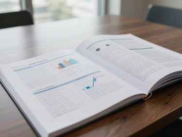 Close-up of an open strategic planning document on a large boardroom table, printed metrics and market entry timelines visible, natural daylight from tall windows, no people, clean and composed, shot from above at slight angle