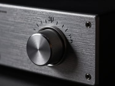 Close-up of a brushed aluminum preamplifier faceplate with a weighted volume dial, low-key dramatic lighting, 35mm