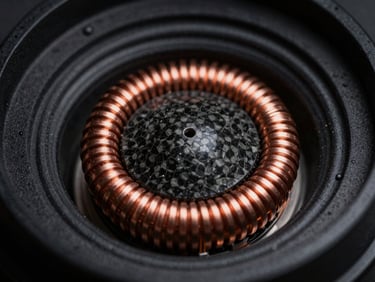 Macro photography of a copper-wound speaker voice coil and carbon fiber driver cone, sharp metallic highlights, 35mm