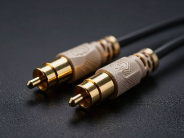 Macro shot of gold-plated balanced XLR connectors and heavy shielded audio cabling, dark studio background, 35mm