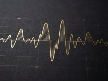 Minimalist line drawing overlay of an acoustic wave pattern on a dark technical schematic background, gold accents