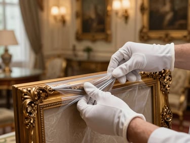 Close-up of professional hands wearing immaculate white gloves, carefully wrapping an ornate golden antique frame in premium multi-layered protective film, dramatic warm lighting, luxury villa interior background.