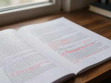 Close-up of a printed scientific manuscript with red-ink editorial annotations and corrections, lying on a dark wooden desk under soft library light, 35mm.