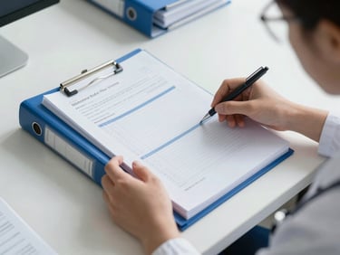 Hands of a clinical coordinator sorting structured study binders and documentation on a clean white desk, bright natural light, top-down perspective.