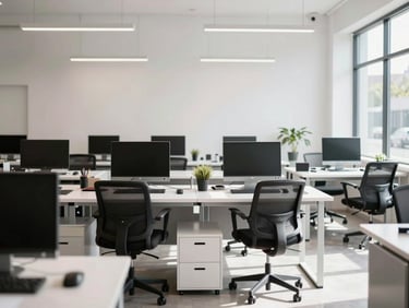 Straight-on eye-level medium shot of a clean modern local business workspace, bright natural daylight, 35mm photography