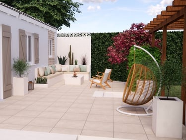 Aménagement et décoration d'une terrasse sur plot avec canapé d'angle jardinière en béton cellulaire