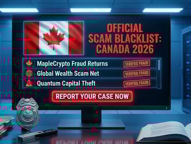This is an image of a pc screen that reads Official Scam Blacklist Canada 2026